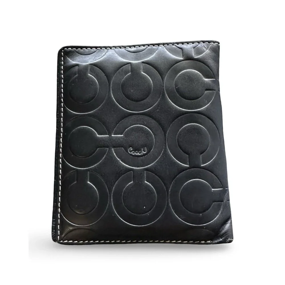 🧡Authentic Coach Mens Black Leather Op Art Embossed Bifold Wallet